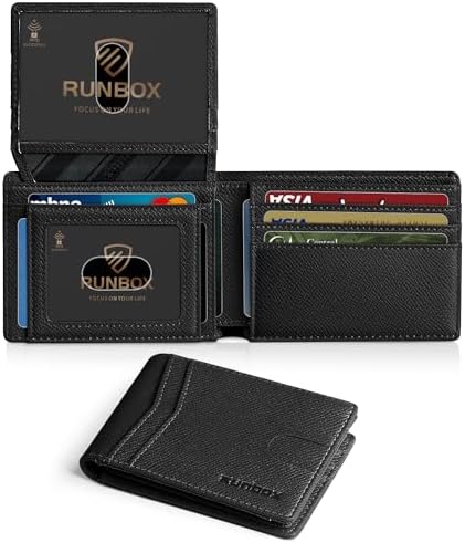 RUNBOX Wallet for Men Slim Rfid Leather 2 ID Window With Gift Box