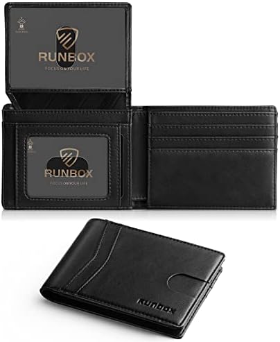 RUNBOX Wallet for Men Slim Rfid Leather 2 ID Window With Gift Box