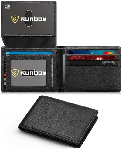 RUNBOX Wallet for Men Slim Rfid Leather 2 ID Window With Gift Box