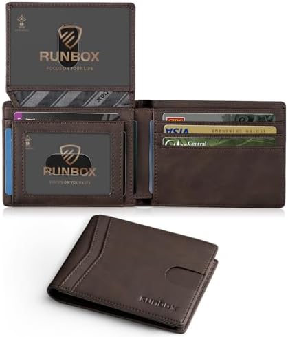 RUNBOX Wallet for Men Slim Rfid Leather 2 ID Window With Gift Box
