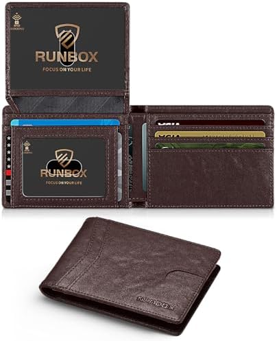 RUNBOX Wallet for Men Slim Rfid Leather 2 ID Window With Gift Box
