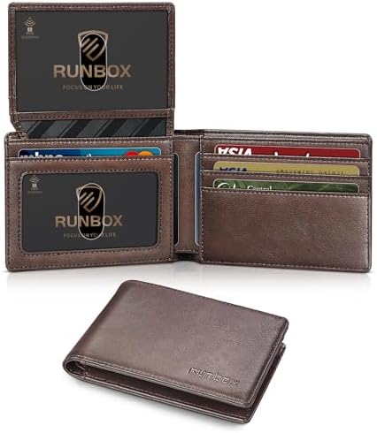 RUNBOX Wallet for Men Slim Rfid Leather 2 ID Window With Gift Box