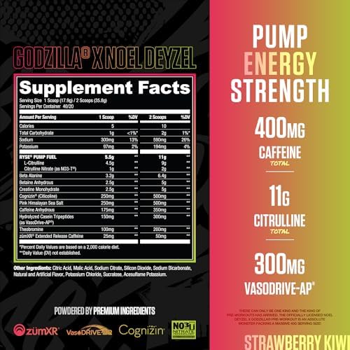 RYSE Godzilla X Noel Deyzel Pre Workout Powder   Strawberry Kiwi   400mg Caffeine  High Stim Pre Workout for Men & Women with Citrulline & Beta Alanine   Energy  Pump & Focus   20/40 Servings