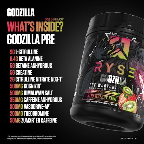 RYSE Godzilla X Noel Deyzel Pre Workout Powder   Strawberry Kiwi   400mg Caffeine  High Stim Pre Workout for Men & Women with Citrulline & Beta Alanine   Energy  Pump & Focus   20/40 Servings