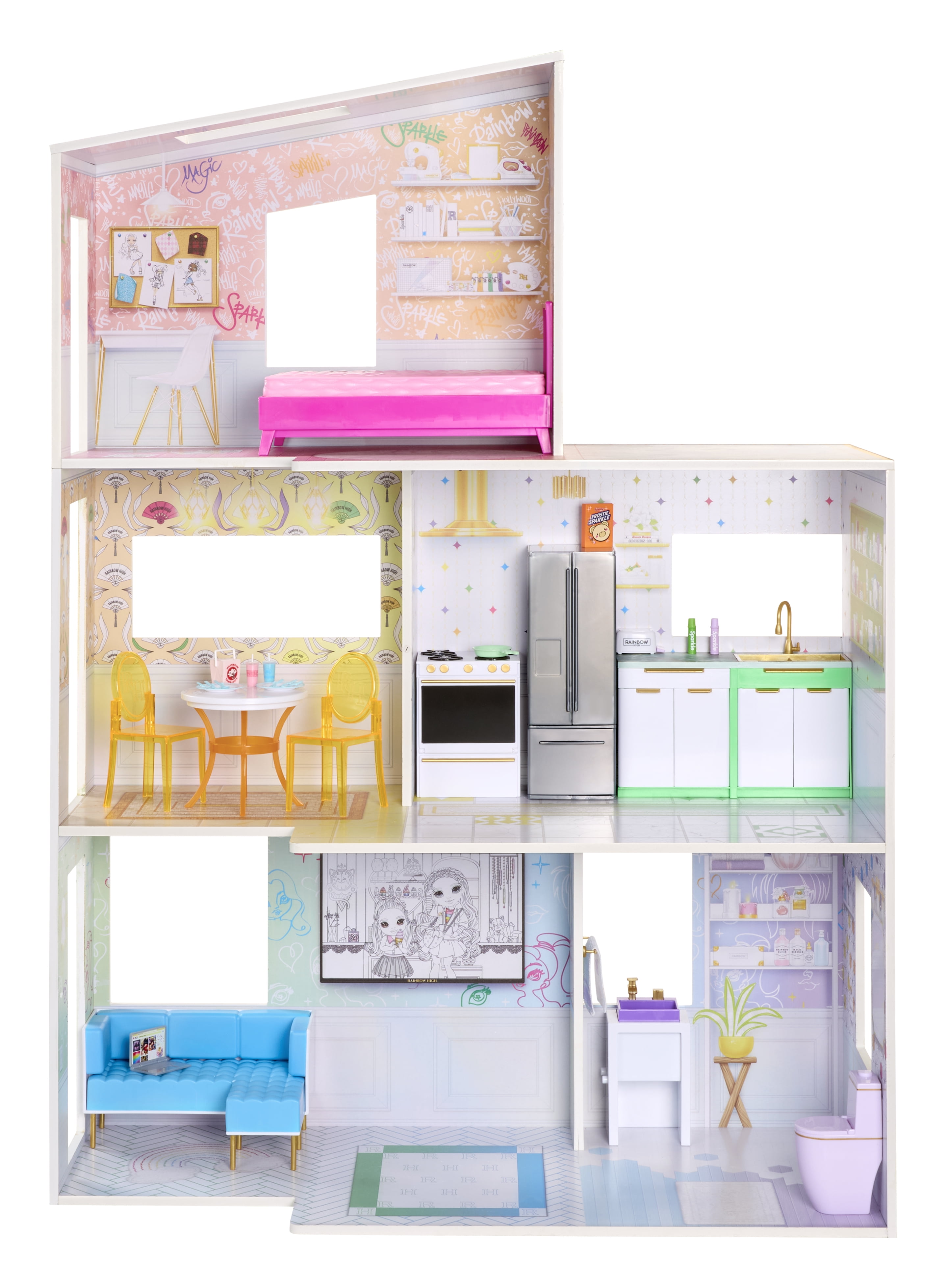 Rainbow High Color & Play 3 Story Doll House  Design All Walls & Floors with Washable Markers  Furniture