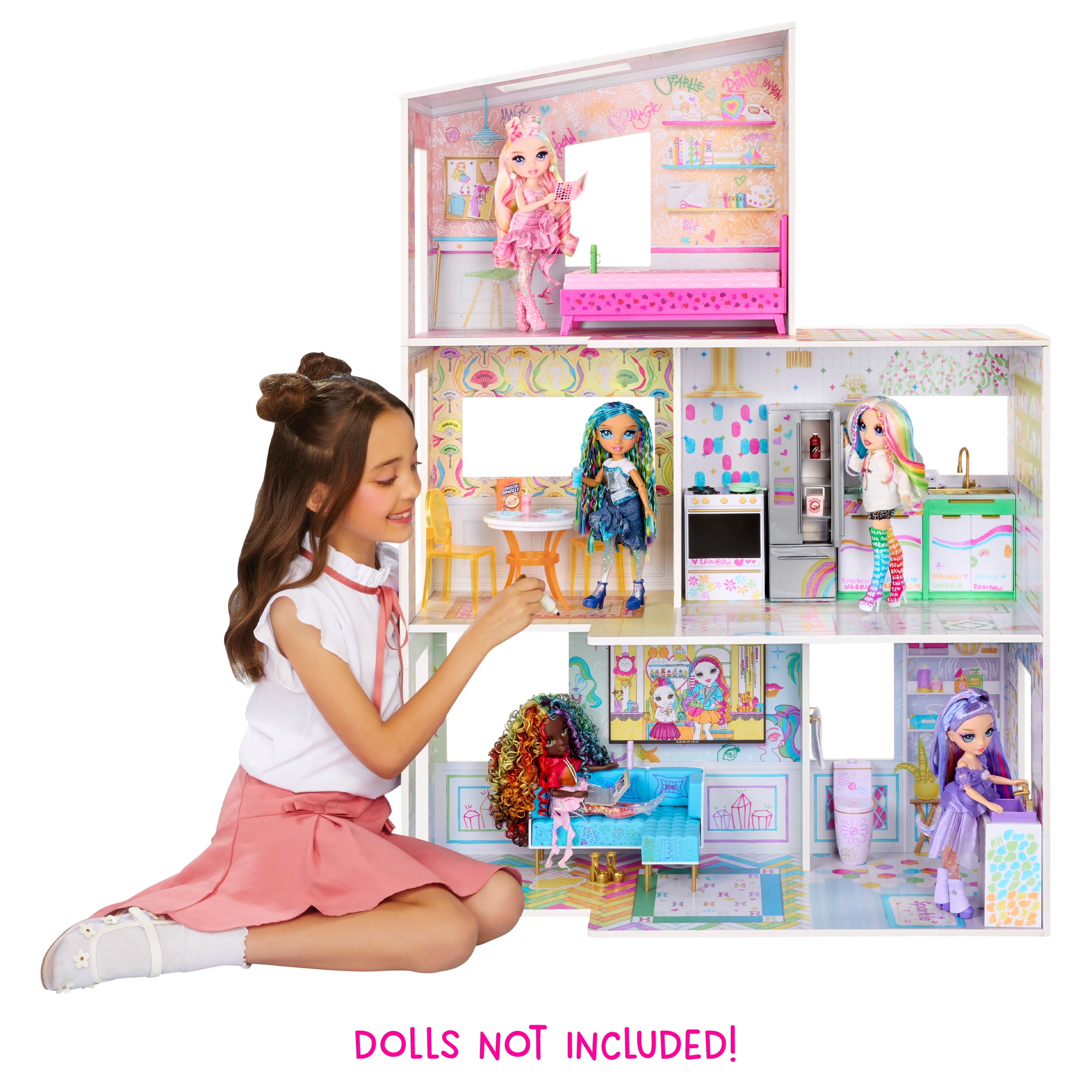 Rainbow High Color & Play 3 Story Doll House  Design All Walls & Floors with Washable Markers  Furniture