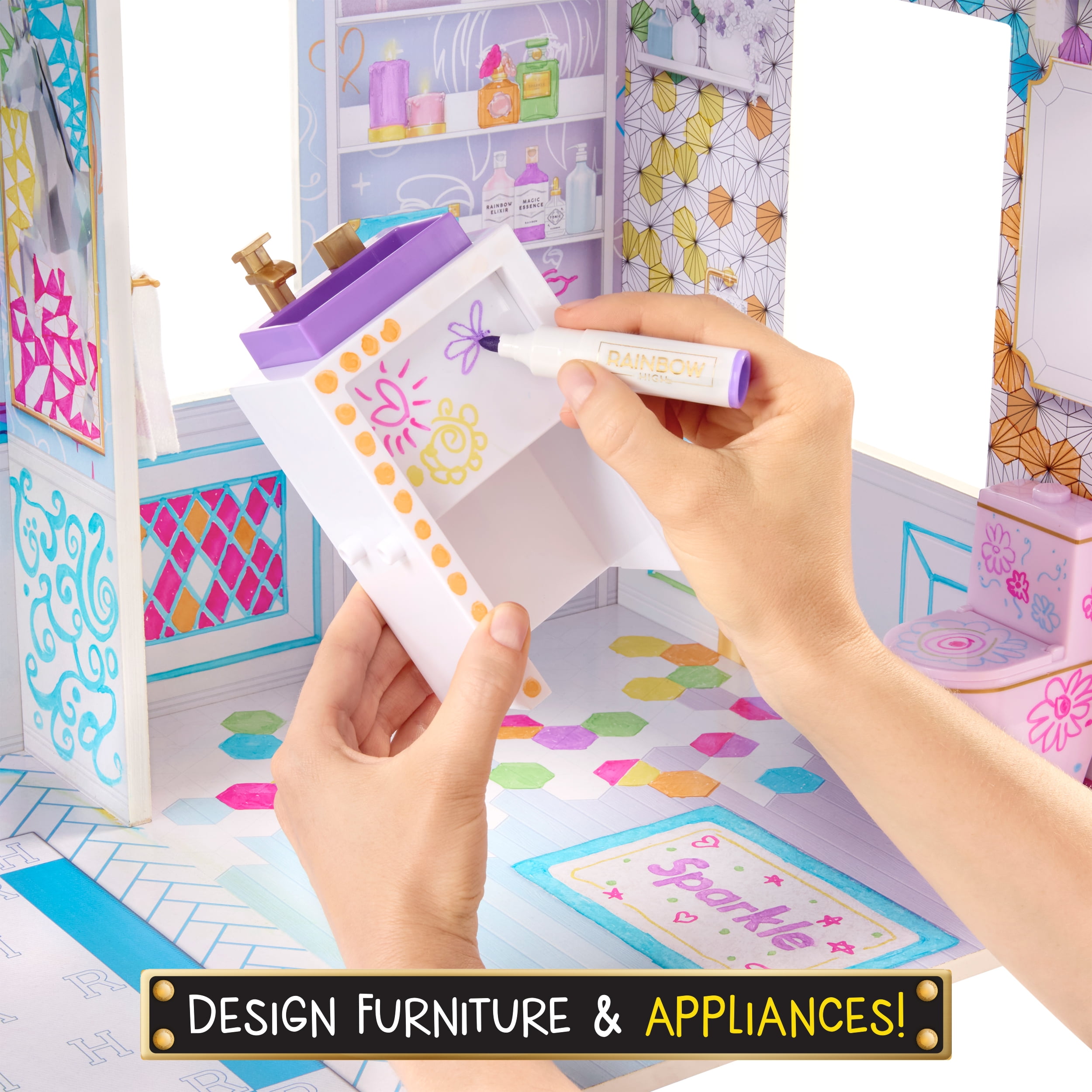Rainbow High Color & Play 3 Story Doll House  Design All Walls & Floors with Washable Markers  Furniture