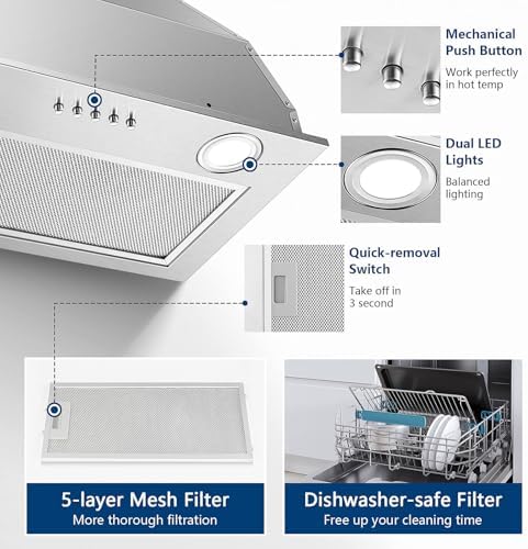 Range Hood Insert 20 Inch Stainless Steel with 5 layer Mesh Filter  Hood Vent for Kitchen Built in Mount Dual LED  Ducted/Ductless Convertible Kitchen Exhaust Fan  Push Button Control