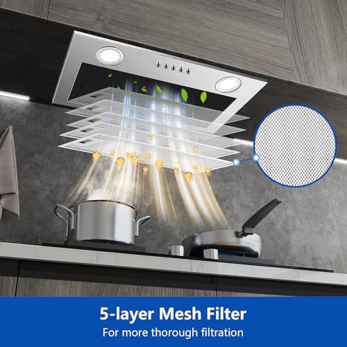 Range Hood Insert 20 Inch Stainless Steel with 5 layer Mesh Filter  Hood Vent for Kitchen Built in Mount Dual LED  Ducted/Ductless Convertible Kitchen Exhaust Fan  Push Button Control