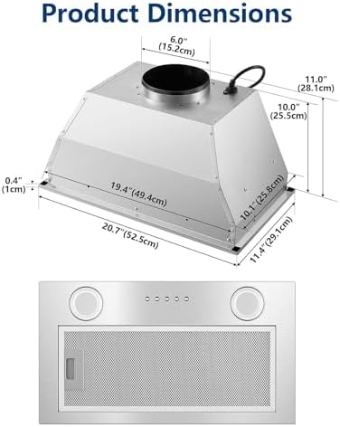 Range Hood Insert 20 Inch Stainless Steel with 5 layer Mesh Filter  Hood Vent for Kitchen Built in Mount Dual LED  Ducted/Ductless Convertible Kitchen Exhaust Fan  Push Button Control