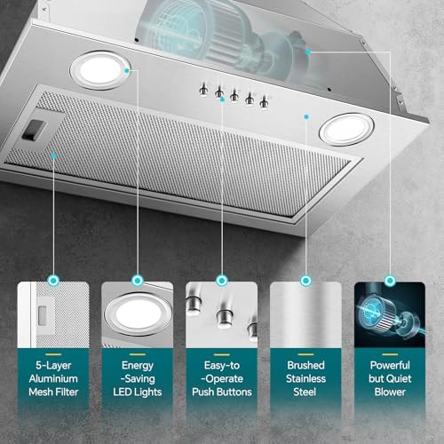 Range Hood Insert 20 Inch  Built in Kitchen Hood 600CFM  Ducted/Ductless Convertible  Vent Hood Insert w/Mesh Filter  Push Button Control  Stainless Steel Range Hood w/ 3 Speed Fan