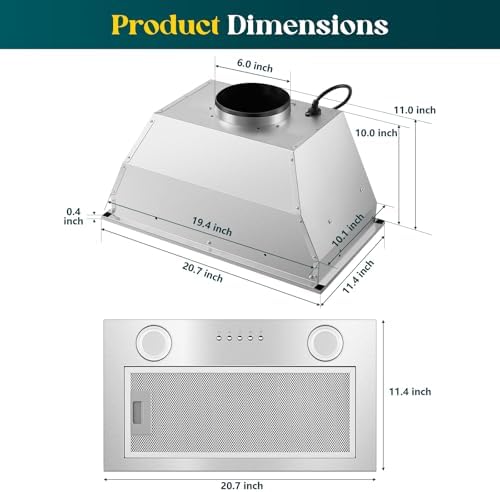 Range Hood Insert 20 Inch  Built in Kitchen Hood 600CFM  Ducted/Ductless Convertible  Vent Hood Insert w/Mesh Filter  Push Button Control  Stainless Steel Range Hood w/ 3 Speed Fan