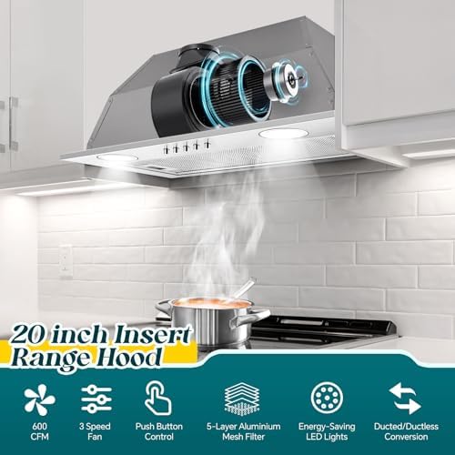 Range Hood Insert 20 Inch  Built in Kitchen Hood 600CFM  Ducted/Ductless Convertible  Vent Hood Insert w/Mesh Filter  Push Button Control  Stainless Steel Range Hood w/ 3 Speed Fan