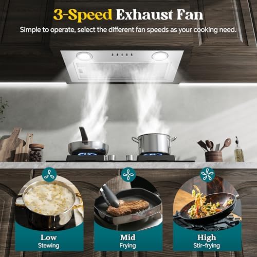 Range Hood Insert 20 Inch  Built in Kitchen Hood 600CFM  Ducted/Ductless Convertible  Vent Hood Insert w/Mesh Filter  Push Button Control  Stainless Steel Range Hood w/ 3 Speed Fan