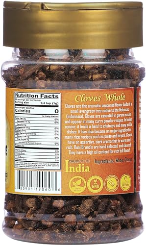 Rani Cloves Whole  Laung  2oz  56g  Great for Food  Tea  Pomander Balls and Potpourri  Hand Selected  Spice  PET Jar   All Natural   NON GMO   Kosher   Vegan   Gluten Friendly   Indian Origin