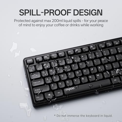 Rapoo X2100 Quiet Wireless Keyboard and Mouse Combo  2 4GHz USB Receiver  12 Multimedia Keys  Spill Proof  Full Sized  Compatible with PC  Laptop  Black