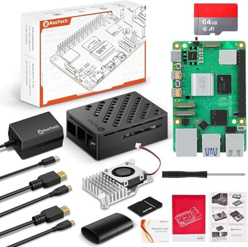 RasTech Raspberry Pi 5 8GB Kit 64GB Edition with Active Cooler 27W GaN 5 1V5A USB C Power Supply Pi5 8GB Board 64GB Card Readers Kit Pi 5 Case Dual 4K Micro HD Out Cables and User Manual