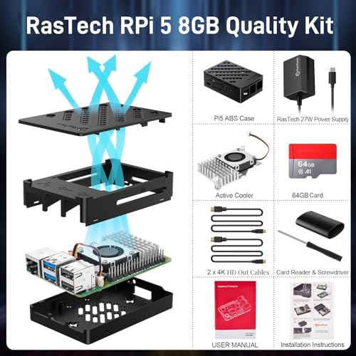 RasTech Raspberry Pi 5 8GB Kit 64GB Edition with Active Cooler 27W GaN 5 1V5A USB C Power Supply Pi5 8GB Board 64GB Card Readers Kit Pi 5 Case Dual 4K Micro HD Out Cables and User Manual