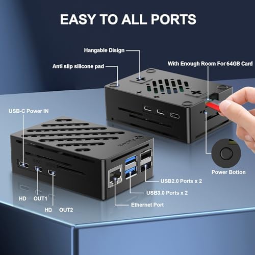 RasTech Raspberry Pi 5 8GB Kit 64GB Edition with Active Cooler 27W GaN 5 1V5A USB C Power Supply Pi5 8GB Board 64GB Card Readers Kit Pi 5 Case Dual 4K Micro HD Out Cables and User Manual