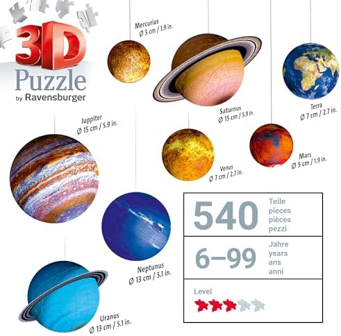 Ravensburger Solar System 540 Piece   9 Planet 3D Jigsaw Puzzle Set for Kids & Adults   Easy Click Technology   Durable Material   MESH Accredited