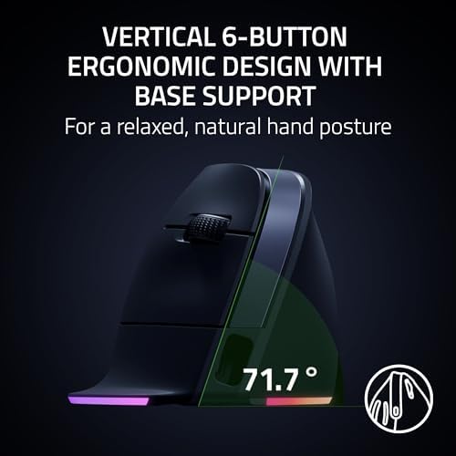 Razer Pro Click V2 Vertical Wireless Mouse  6 Button Ergonomic Design   One Click AI Prompt   Supports Windows & Mac   Multi Device Connectivity via 2 4GHz  Bluetooth  or USB C Wired Mode   Chroma RGB
