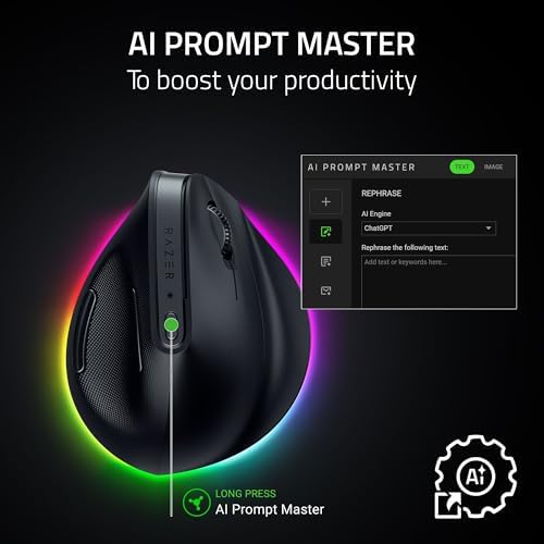 Razer Pro Click V2 Vertical Wireless Mouse  6 Button Ergonomic Design   One Click AI Prompt   Supports Windows & Mac   Multi Device Connectivity via 2 4GHz  Bluetooth  or USB C Wired Mode   Chroma RGB