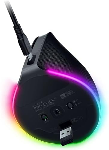 Razer Pro Click V2 Vertical Wireless Mouse  6 Button Ergonomic Design   One Click AI Prompt   Supports Windows & Mac   Multi Device Connectivity via 2 4GHz  Bluetooth  or USB C Wired Mode   Chroma RGB