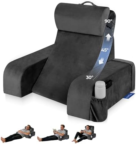 Reading Pillow with 30 90  Stepless Adjustable Angle & Height  2 in 1 Back Wedge Pillow for Bed Sitting up with Arms Rest  Backrest Pillow for Reading/Gaming/Working in Bed or Couch  Large  Black