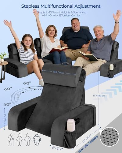 Reading Pillow with 30 90  Stepless Adjustable Angle & Height  2 in 1 Back Wedge Pillow for Bed Sitting up with Arms Rest  Backrest Pillow for Reading/Gaming/Working in Bed or Couch  Large  Black