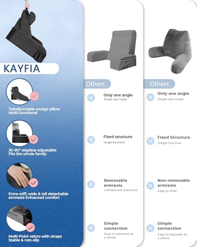 Reading Pillow with 30 90  Stepless Adjustable Angle & Height  2 in 1 Back Wedge Pillow for Bed Sitting up with Arms Rest  Backrest Pillow for Reading/Gaming/Working in Bed or Couch  Large  Black