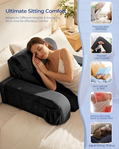 Reading Pillow with 30 90  Stepless Adjustable Angle & Height  2 in 1 Back Wedge Pillow for Bed Sitting up with Arms Rest  Backrest Pillow for Reading/Gaming/Working in Bed or Couch  Large  Black