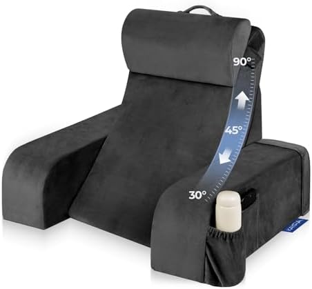 Reading Pillow with 30 90  Stepless Adjustable Angle & Height  2 in 1 Back Wedge Pillow for Bed Sitting up with Arms Rest  Backrest Pillow for Reading/Gaming/Working in Bed or Couch  Large  Black