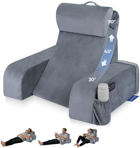 Reading Pillow with 30 90  Stepless Adjustable Angle & Height  2 in 1 Back Wedge Pillow for Bed Sitting up with Arms Rest  Backrest Pillow for Reading/Gaming/Working in Bed or Couch  Large  Black