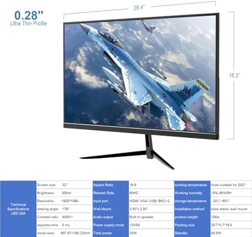 Real HD 32 Inch FHD 1080P CCTV Security Monitor  Thin LED Screen Computer Monitor  60Hz Refresh Rate with HDMI VGA BNC and Audio  Compatible with 4K  for Surveillance NVR/DVR System
