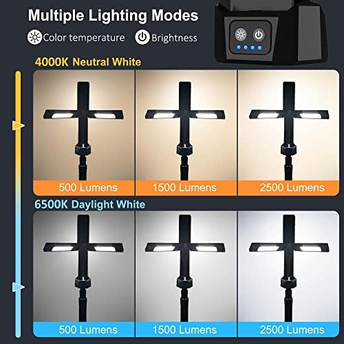 Rechargeable LED Work Light with Stand  Aluminum 67 Portable Cordless Work Light  8AH Battery  500/1500/2500 Lumen  4000/6500K Dimmable Camping Light with Detachable Tripod  Carrying Bag Included 