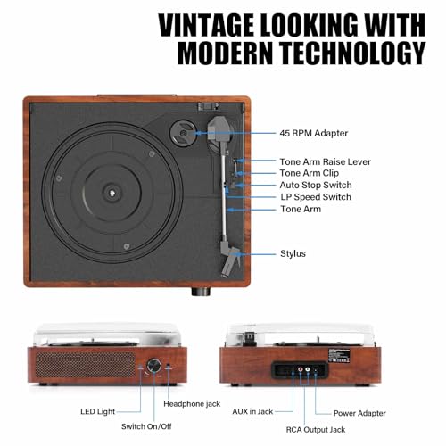 Record Players Vintage Turntable for Vinyl Records with Speakers Belt Driven Turntables Support 3 Speed  Bluetooth Wireless Playback  Headphone  AUX in  RCA Line LP Vinyl Players