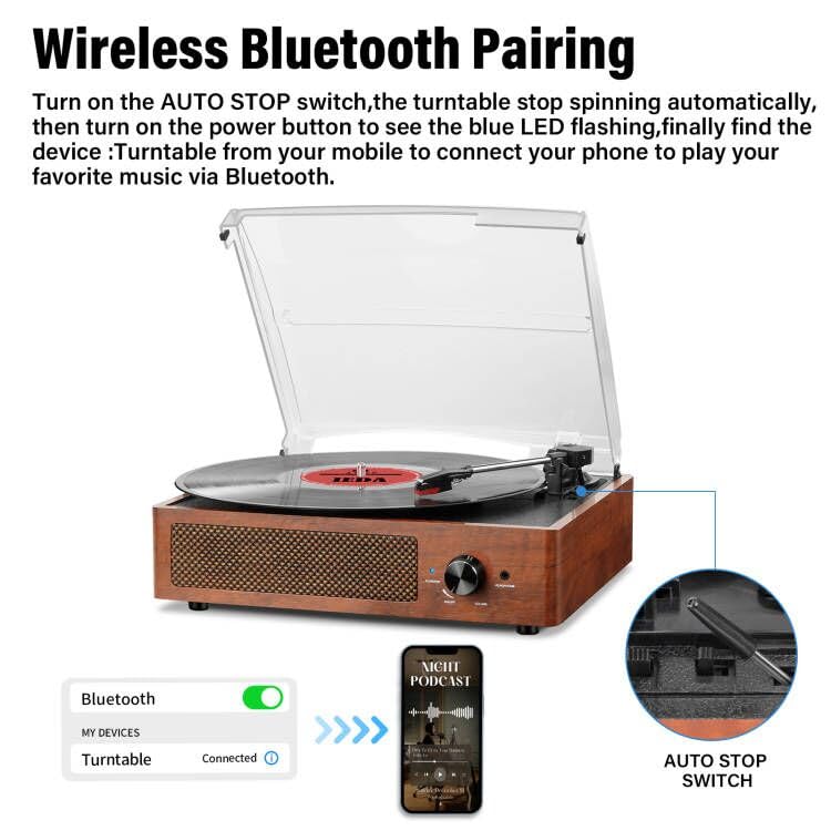 Record Players Vintage Turntable for Vinyl Records with Speakers Belt Driven Turntables Support 3 Speed  Bluetooth Wireless Playback  Headphone  AUX in  RCA Line LP Vinyl Players