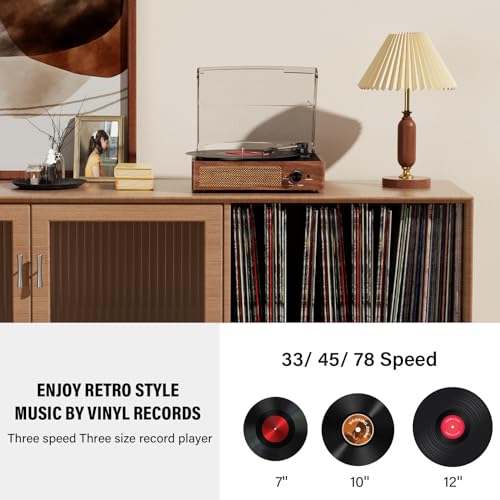 Record Players Vintage Turntable for Vinyl Records with Speakers Belt Driven Turntables Support 3 Speed  Bluetooth Wireless Playback  Headphone  AUX in  RCA Line LP Vinyl Players