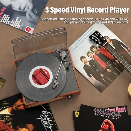 Record Players Vintage Turntable for Vinyl Records with Speakers Belt Driven Turntables Support 3 Speed  Bluetooth Wireless Playback  Headphone  AUX in  RCA Line LP Vinyl Players