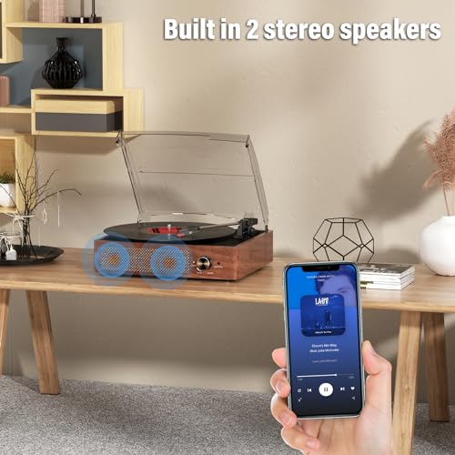 Record Players Vintage Turntable for Vinyl Records with Speakers Belt Driven Turntables Support 3 Speed  Bluetooth Wireless Playback  Headphone  AUX in  RCA Line LP Vinyl Players