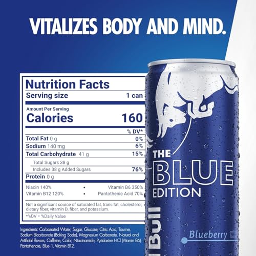 Red Bull Blue Edition Energy Drink  Blueberry  with 114mg Caffeine plus Taurine & B Vitamins  12 Fl Oz  Pack of 8 Cans