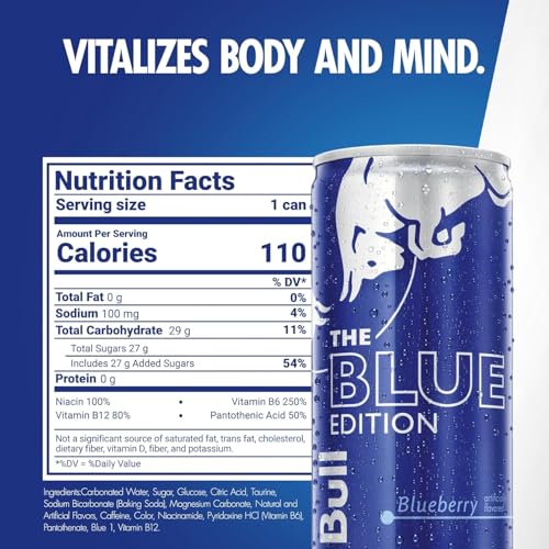 Red Bull Blue Edition Energy Drink  Blueberry  with 114mg Caffeine plus Taurine & B Vitamins  12 Fl Oz  Pack of 8 Cans