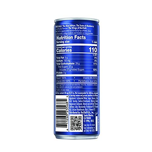 Red Bull Blue Edition Energy Drink  Blueberry  with 114mg Caffeine plus Taurine & B Vitamins  12 Fl Oz  Pack of 8 Cans
