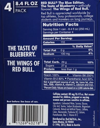 Red Bull Blue Edition Energy Drink  Blueberry  with 114mg Caffeine plus Taurine & B Vitamins  12 Fl Oz  Pack of 8 Cans