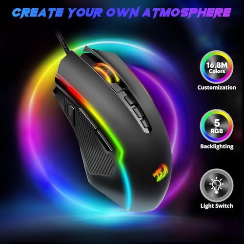 Redragon Gaming Mouse  Wired Gaming Mouse with RGB Backlit  8000 DPI Adjustable  Mouse with 9 Programmable Macro Buttons & Fire Button  Software Supports DIY Keybinds  M910 K