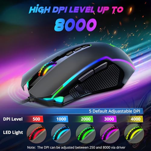 Redragon Gaming Mouse  Wired Gaming Mouse with RGB Backlit  8000 DPI Adjustable  Mouse with 9 Programmable Macro Buttons & Fire Button  Software Supports DIY Keybinds  M910 K