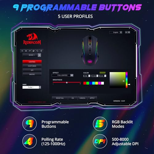 Redragon Gaming Mouse  Wired Gaming Mouse with RGB Backlit  8000 DPI Adjustable  Mouse with 9 Programmable Macro Buttons & Fire Button  Software Supports DIY Keybinds  M910 K