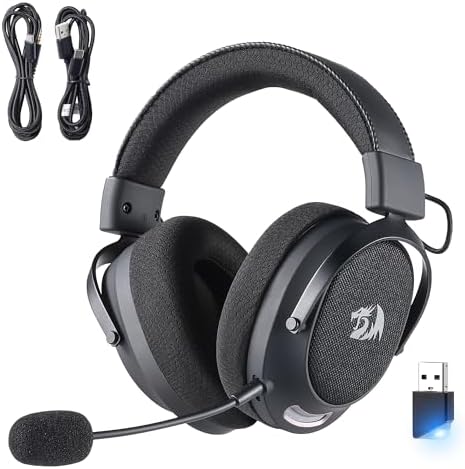 Redragon H858 3 Mode Wireless Gaming Headset  7 1 Surround Sound  53 mm Drivers  Memory Foam Ear Pads  Detachable Noise canceling Microphone  Over Ear Headphones Works for Mobile  PC/PS5/NS