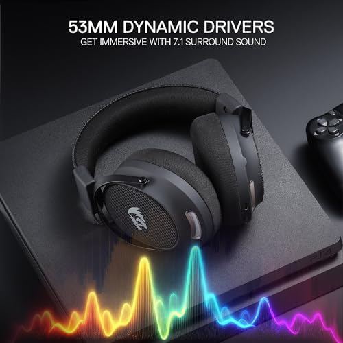Redragon H858 3 Mode Wireless Gaming Headset  7 1 Surround Sound  53 mm Drivers  Memory Foam Ear Pads  Detachable Noise canceling Microphone  Over Ear Headphones Works for Mobile  PC/PS5/NS
