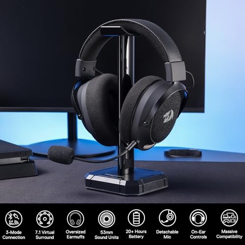 Redragon H858 3 Mode Wireless Gaming Headset  7 1 Surround Sound  53 mm Drivers  Memory Foam Ear Pads  Detachable Noise canceling Microphone  Over Ear Headphones Works for Mobile  PC/PS5/NS